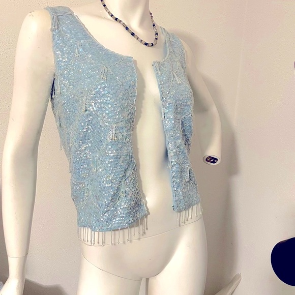 NEW blue sequins sparkly beaded zip up sleeveless dressy top vest jacket Vintage - Picture 4 of 11